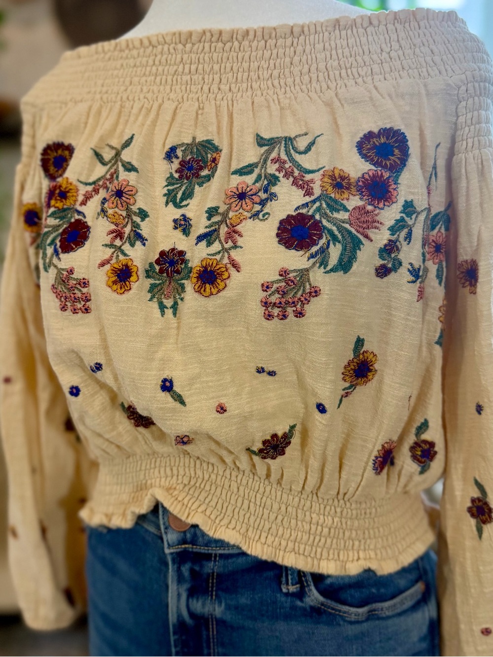 Free People Le Petite Top S Ivory Floral Embroidered Boho Peasant Off Shoulder - Picture 4 of 10